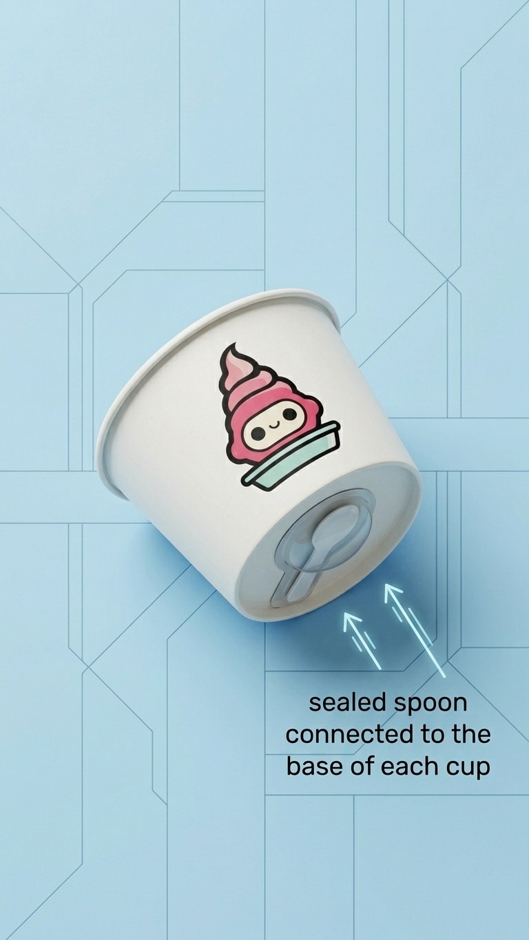 99 Spoons branded soft serve cup with robot mascot logo and sealed spoon connected to the base