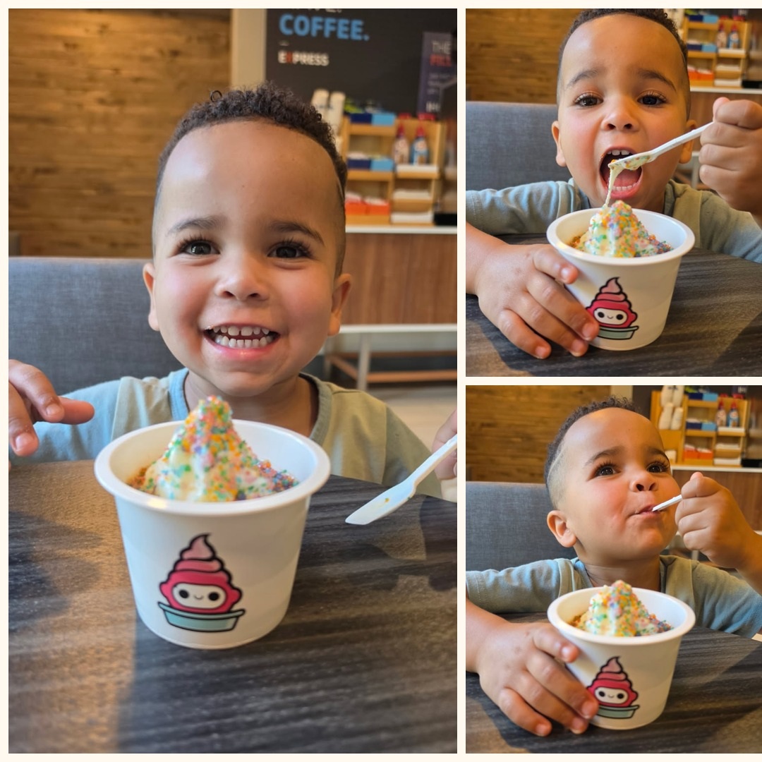 Young child enjoying his first 99 Spoons frozen treat with sprinkles