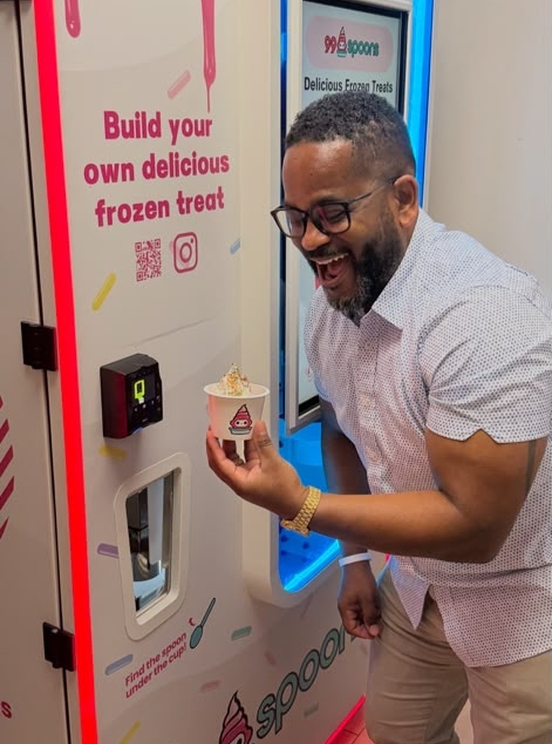 Operator celebrating his machine making its very first treat