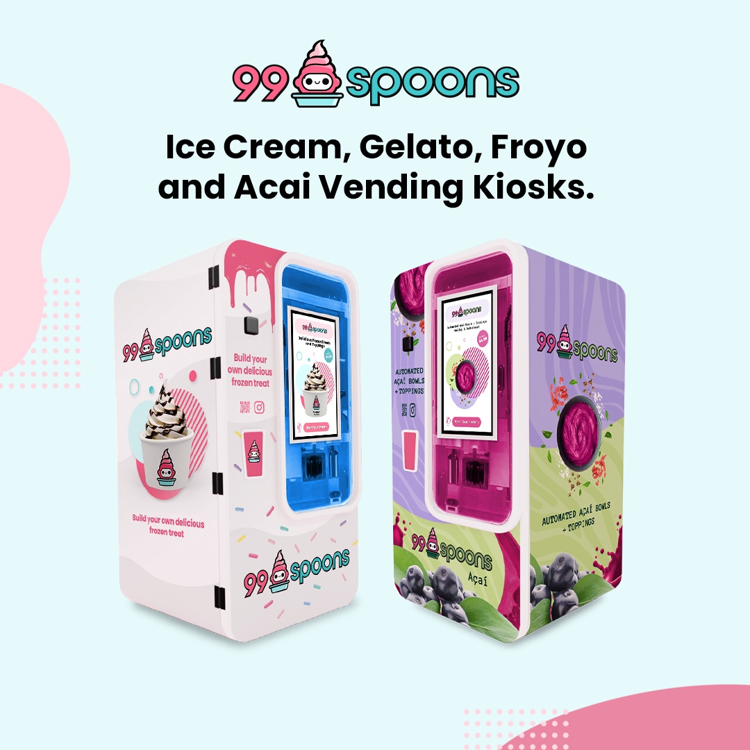 99 Spoons pink ice cream kiosk and purple Acai Edition kiosk side by side